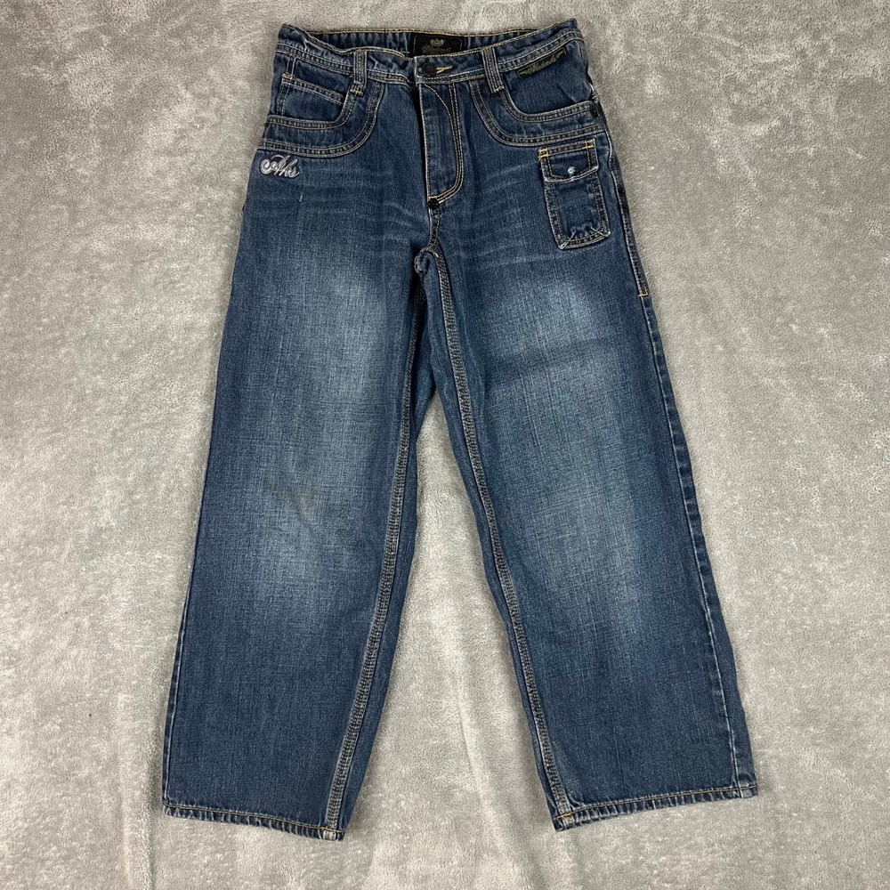 Vintage Y2K Akademiks Baggy Wide Leg Jeans 27 Waist Embroidered Grunge